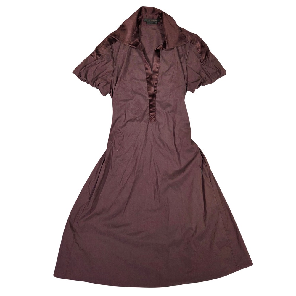 BCBGMAXAZRIA Burgundy Silk Trim Short Sleeve Midi Dress XXS Plum Cotton Blend